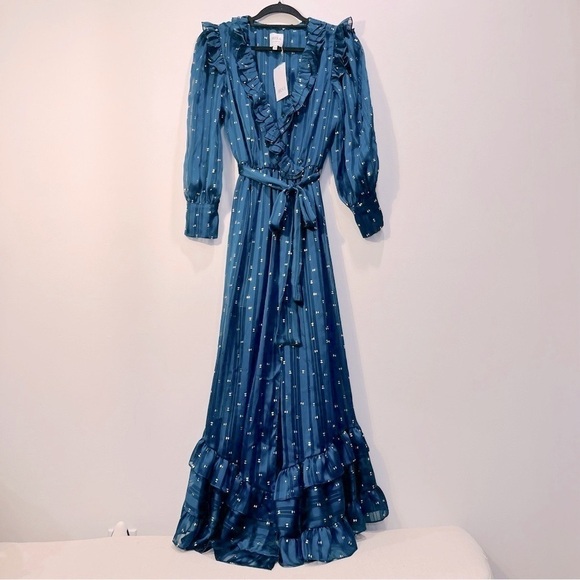 NEW Misa Los Angeles Blue Ruffle Maxi Faux Wrap Long Sleeve V Neck Sheer Dress - Picture 7 of 16